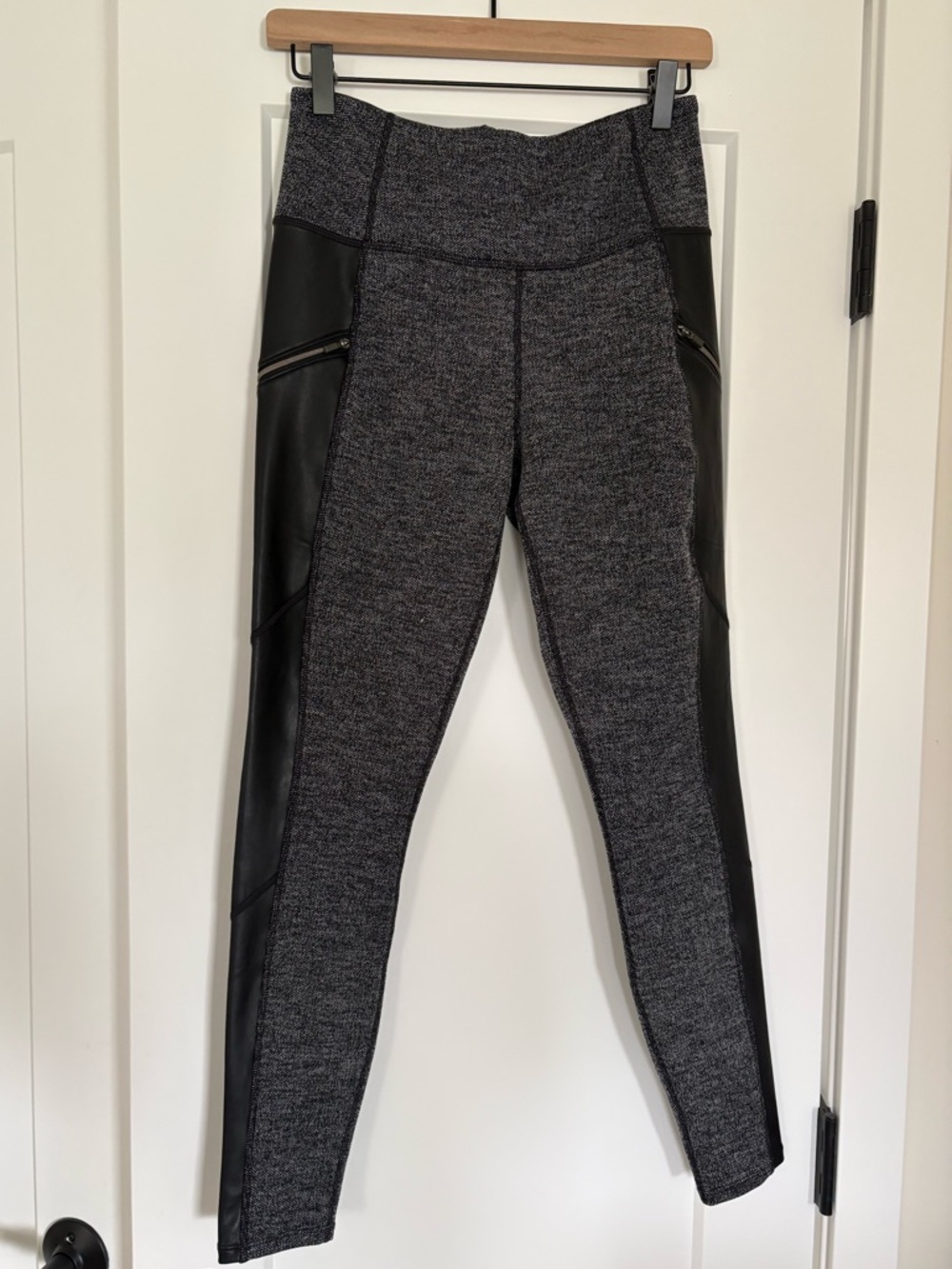 Athleta Gray Ponte Leggings with Black Faux-Leather Panels